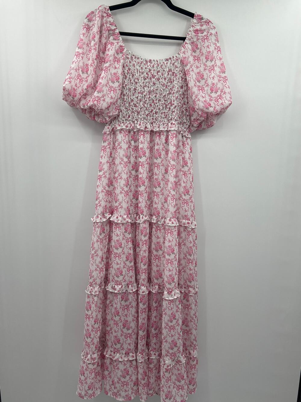 Peach Love California M Cottagecore Coquette Pink Floral Smocked Maxi Dress